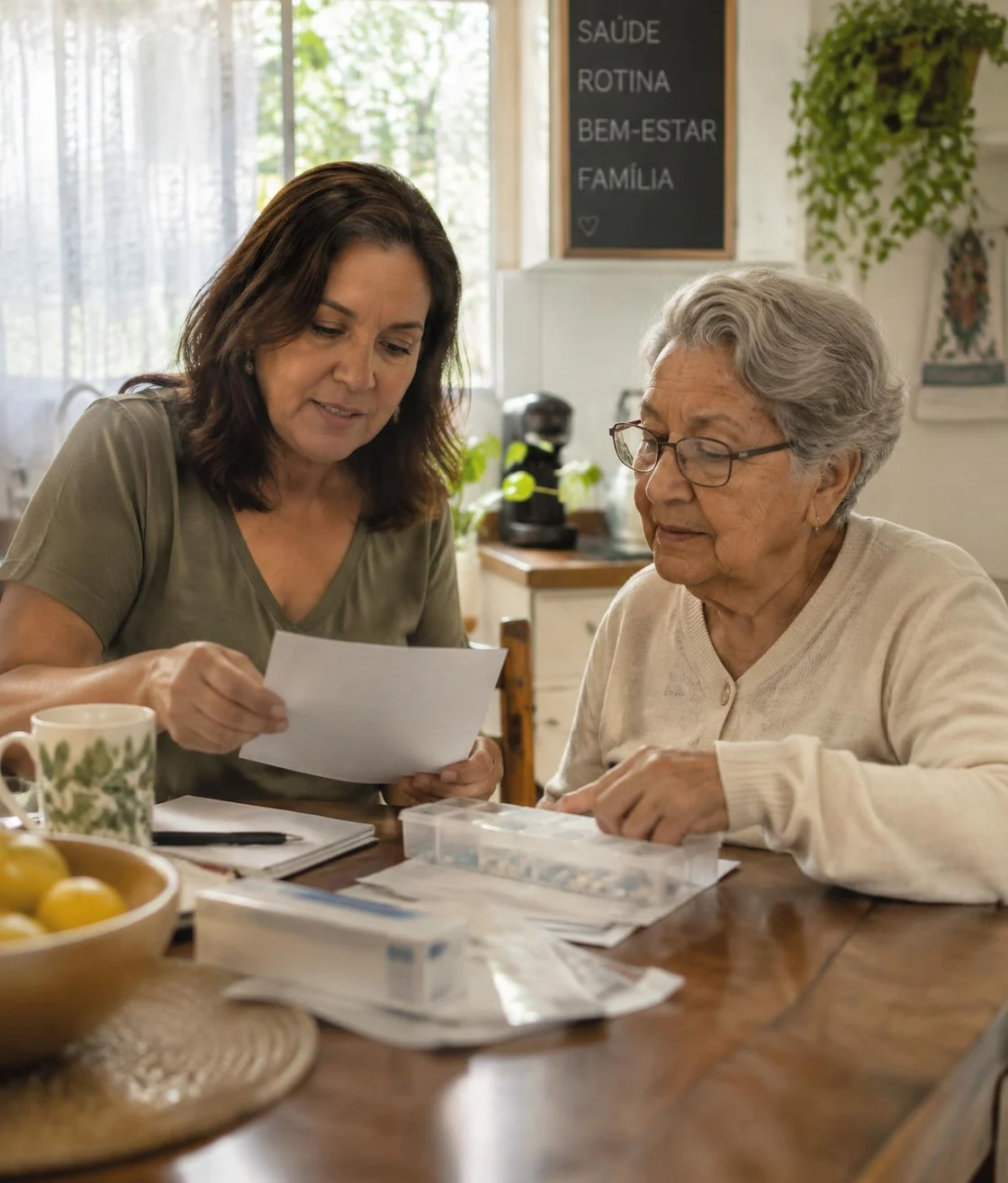 Filha organizando remédios e papéis com a mãe idosa